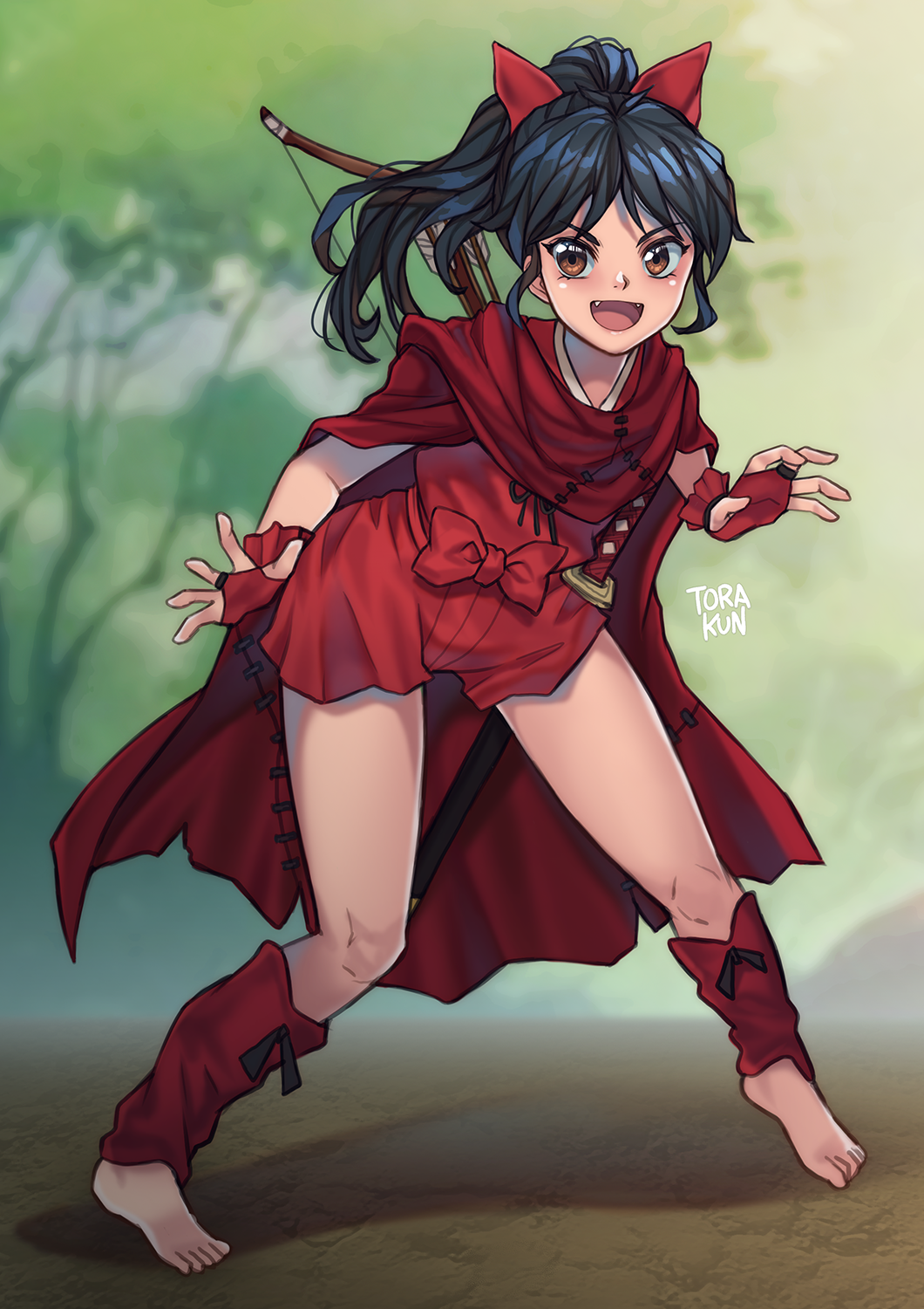 1girl, arrow_(projectile), barefoot, black_hair, bow, bow_(weapon), brown_eyes, cape, fangs, gloves, hair_bow, han'you_no_yashahime, highres, inuyasha, katana, moroha_(inuyasha), shorts, solo, sword, toeless_legwear, torakun14, tree, weapon