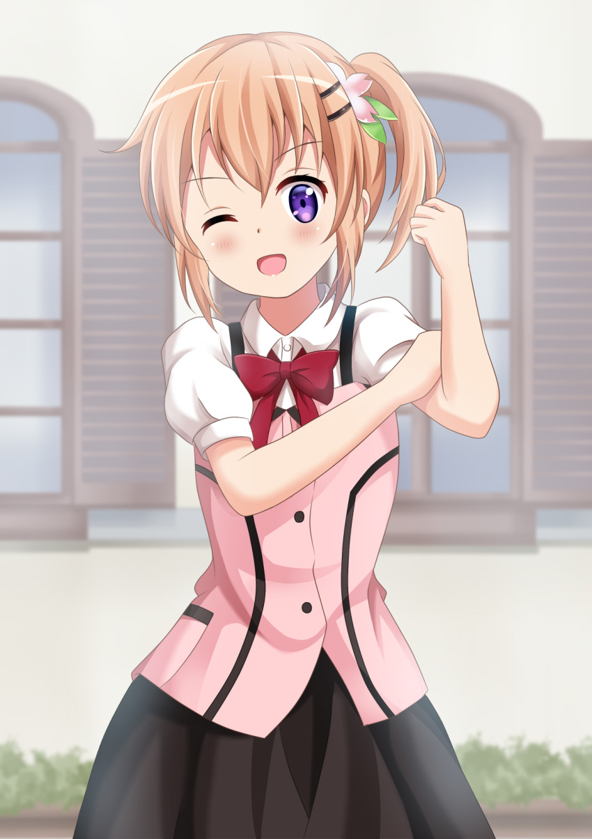 1girl, ;d, black_skirt, blurry, blurry_background, blush, brown_hair, collared_shirt