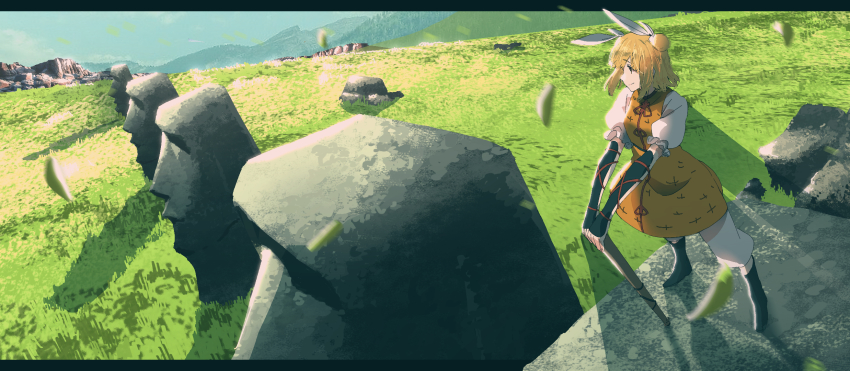 1girl, arm_guards, black_boots, blonde_hair, boots, boulder, breasts, cliff