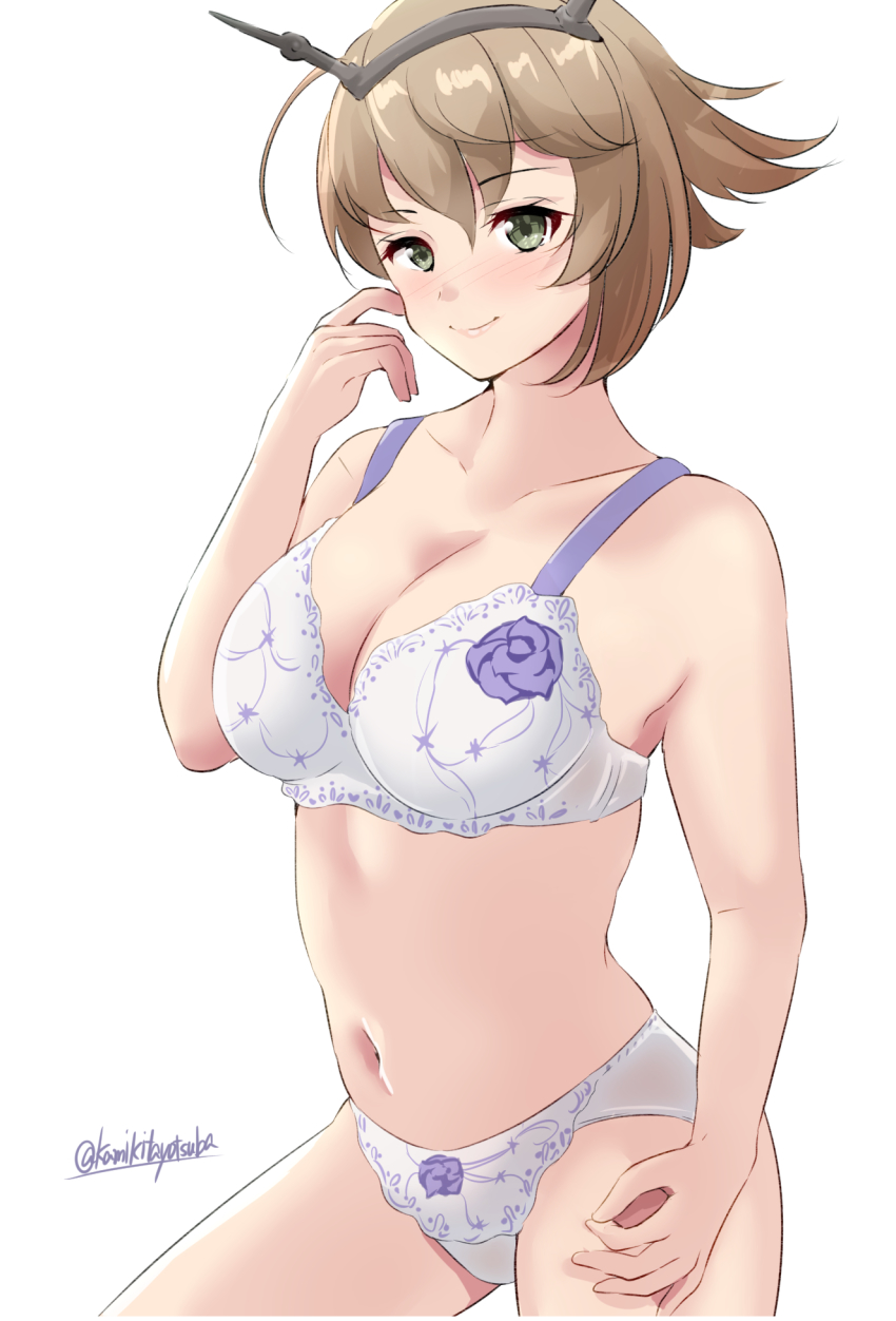 1girl, bra, breasts, brown_hair, cleavage, commentary_request, cowboy_shot, green_eyes, hairband, headgear, highres, kamikitayotsuba, kantai_collection, large_breasts, mutsu_(kancolle), one-hour_drawing_challenge, panties, radio_antenna, short_hair, simple_background, solo, underwear, underwear_only, white_background, white_bra, white_panties
