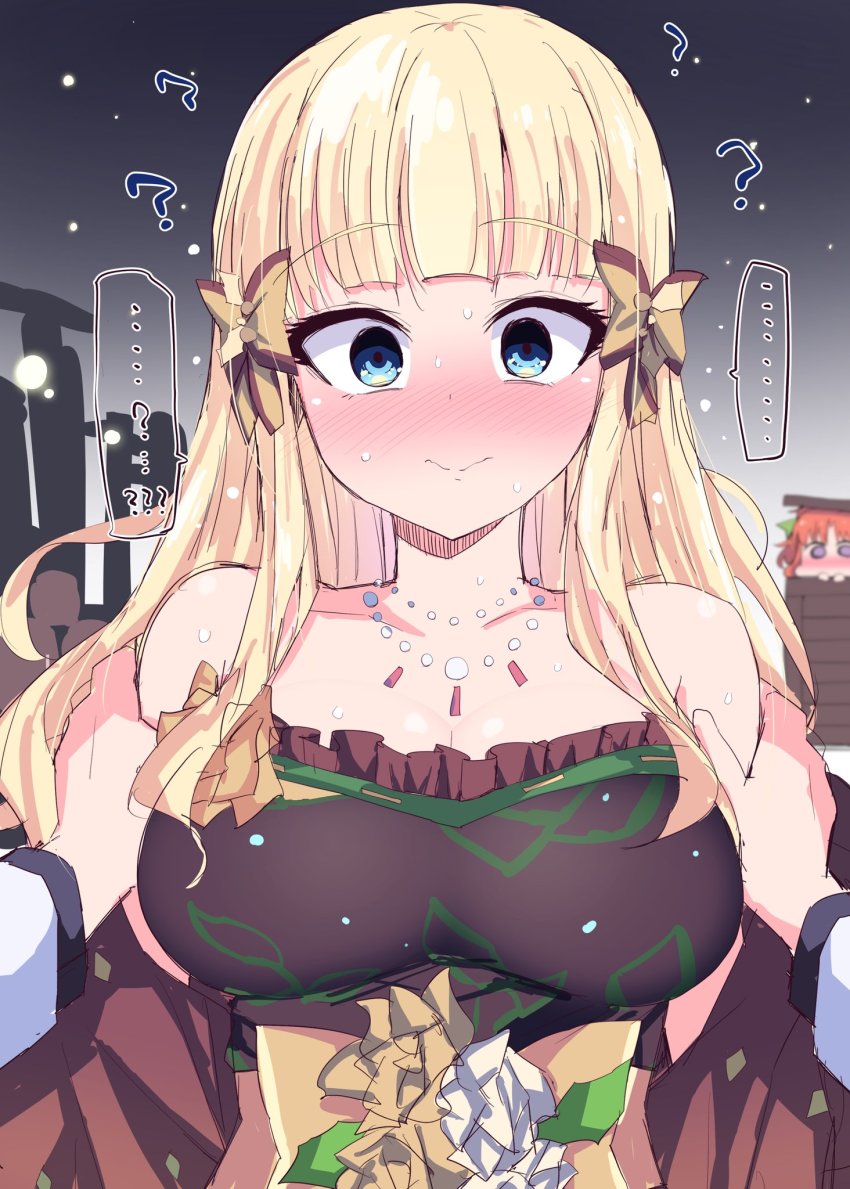 akino_(christmas)_(princess_connect!), akino_(princess_connect!), blonde_hair, blue_eyes, blunt_bangs, blush, bow, breasts, chibi, chibi_inset, elf, hair_bow, hair_ornament, highres, himiya_jouzu, large_breasts, long_hair, looking_at_viewer, pointy_ears, princess_connect!, saren_(christmas)_(princess_connect!), saren_(princess_connect!), wavy_mouth