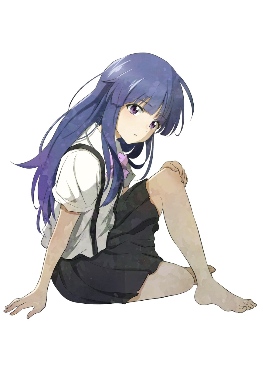 1girl, barefoot, black_skirt, blue_hair, bow, bowtie, feet, full_body