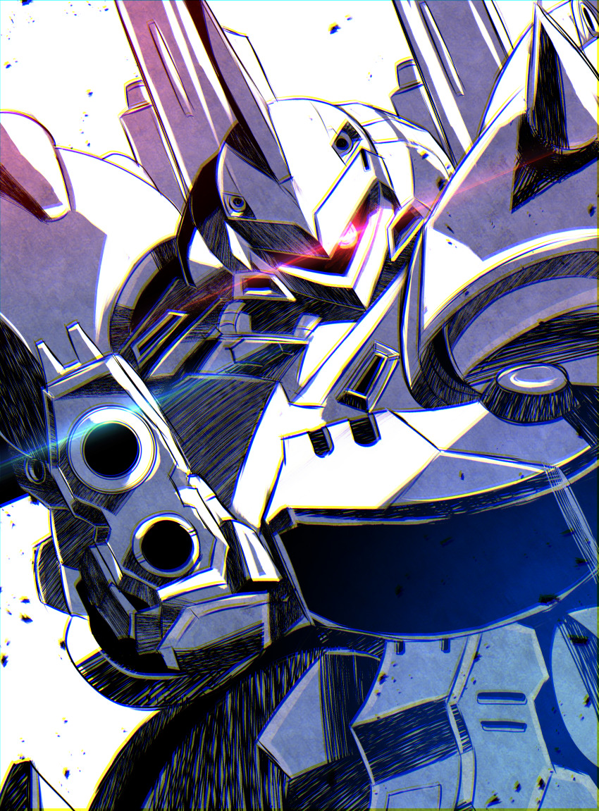 absurdres, aiming, aiming_at_viewer, close-up, glowing, glowing_eye, gun, gundam