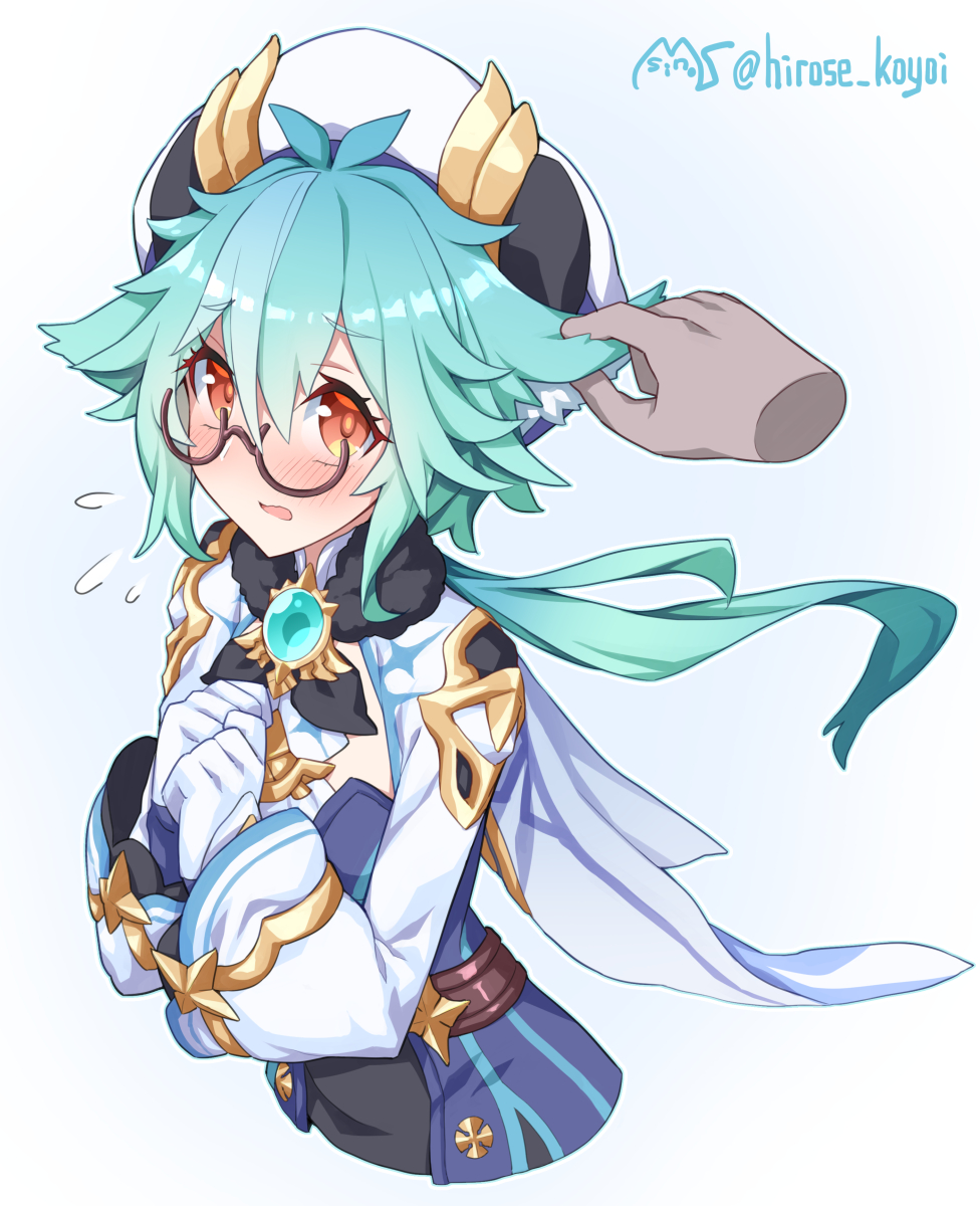 1girl, animal_ear_fluff, animal_ears, arms_up, beret, blue_dress, cape, cat_ears, cat_girl, clenched_hands, commentary_request, disembodied_hand, dress, genshin_impact, glasses, gloves, gold_trim, green_hair, hat, highres, long_hair, long_sleeves, looking_at_viewer, orange_eyes, playing_with_another's_ears, ponytail, round_eyewear, semi-rimless_eyewear, sidelocks, signature, simple_background, sin6, solo, sucrose_(genshin_impact), twitter_username, upper_body, vision_(genshin_impact), white_background, white_gloves, white_hat, wide_sleeves