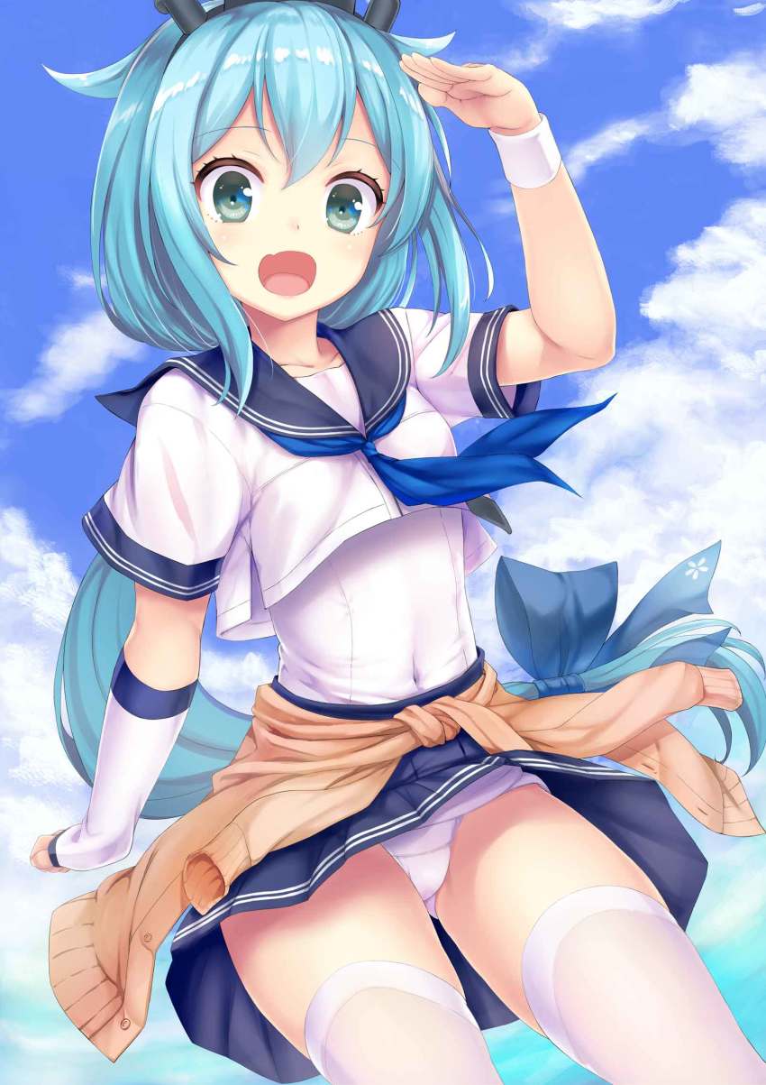 1girl, blue_bow, blue_eyes, blue_hair, blue_ribbon, blue_skirt, blush, bow, clothes_around_waist, cloud, cloudy_sky, collarbone, commentary, covered_navel, cowboy_shot, crop_top, fang, fingerless_gloves, gloves, hair_bow, hatsuyuki_(warship_girls_r), headband, highres, long_hair, looking_at_viewer, one-piece_swimsuit, open_mouth, panties, pantyshot, ponytail, ribbon, sailor_collar, salute, school_swimsuit, school_uniform, short_sleeves, single_glove, skin_fang, skirt, sky, smile, solo, standing, swimsuit, swimsuit_under_clothes, thighhighs, underwear, wagashi_(yokotejn), warship_girls_r, white_gloves, white_one-piece_swimsuit, white_panties, white_thighhighs, wristband