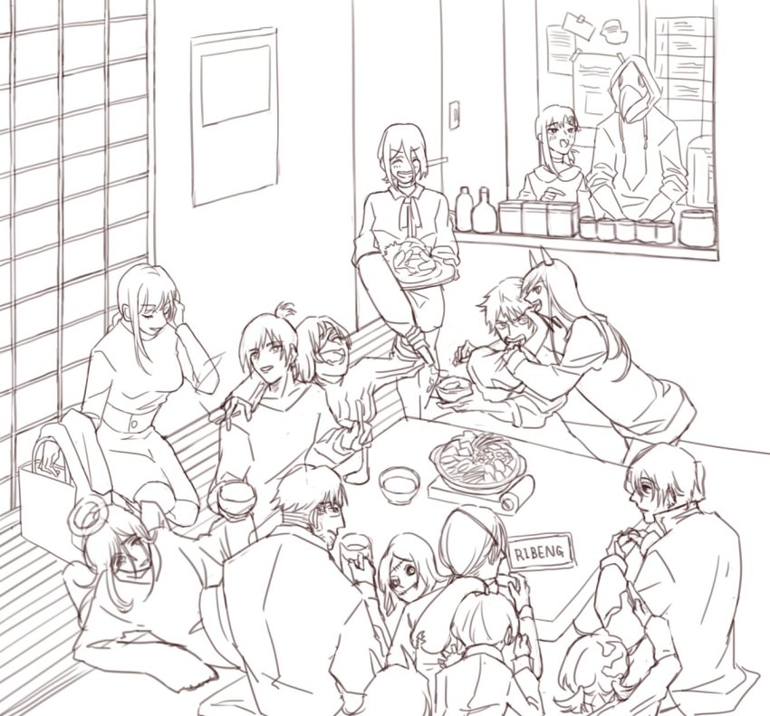 6+boys, 6+girls, angel_devil_(chainsaw_man), asutero92, beam_(chainsaw_man), bottle, chainsaw_man, cosmo_(chainsaw_man), cup, demon_horns, denji_(chainsaw_man), eating, food, hayakawa_aki, higashiyama_kobeni, highres, himeno_(chainsaw_man), horns, kishibe_(chainsaw_man), lineart, long_(chainsaw_man), makima_(chainsaw_man), monochrome, mug, multiple_boys, multiple_girls, pingtsi_(chainsaw_man), pochita_(chainsaw_man), power_(chainsaw_man), quanxi_(chainsaw_man), reclining, reze_(chainsaw_man), sitting, smoking, topknot, tsugihagi_(chainsaw_man), violence_fiend_(chainsaw_man), yoshida_hirofumi