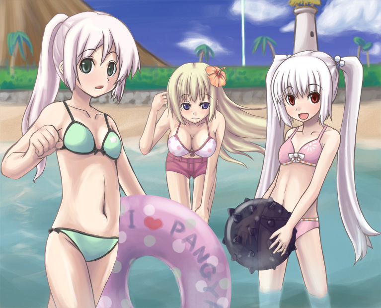 3girls, :d, arin_(pangya), ball, beach, beachball, bent_over, bikini