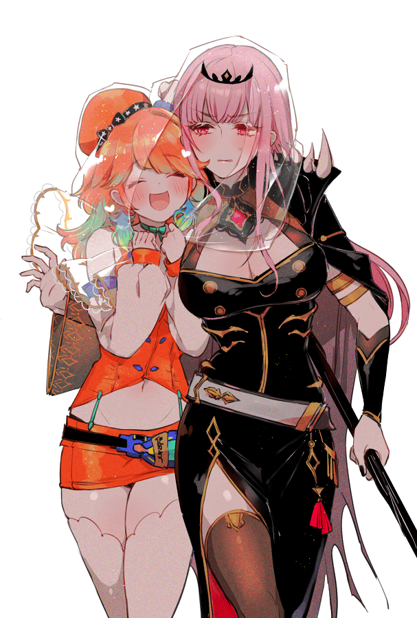 ^_^, aqua_hair, beret, black_cloak, black_dress, black_legwear, black_nails, blush, breasts, chef_hat, cleavage, cloak, closed_eyes, closed_mouth, commentary, cowboy_shot, detached_sleeves, dress, earrings, embarrassed, english_commentary, feather_earrings, feathers, gradient_hair, hat, holding, holding_scythe, hololive, hololive_english, imminent_hug, jewelry, large_breasts, long_hair, mamaloni, medium_breasts, midriff, mini_hat, miniskirt, mori_calliope, multicolored_hair, nail_polish, navel, open_mouth, orange_hair, orange_headwear, orange_skirt, orange_vest, pink_eyes, pink_hair, scythe, shared_veil, side-by-side, side_slit, simple_background, skirt, skirt_set, smile, spikes, straight_hair, sweatdrop, takanashi_kiara, takanashi_kiara_(1st_costume), thighhighs, thighs, tiara, two-tone_hair, veil, vest, virtual_youtuber, white_background, white_headwear, white_thighhighs, yuri