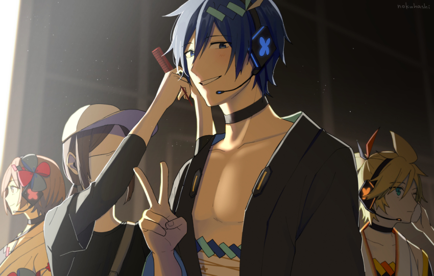 2boys, 2girls, backstage, bag, baseball_cap, black_shirt, blonde_hair, blue_eyes