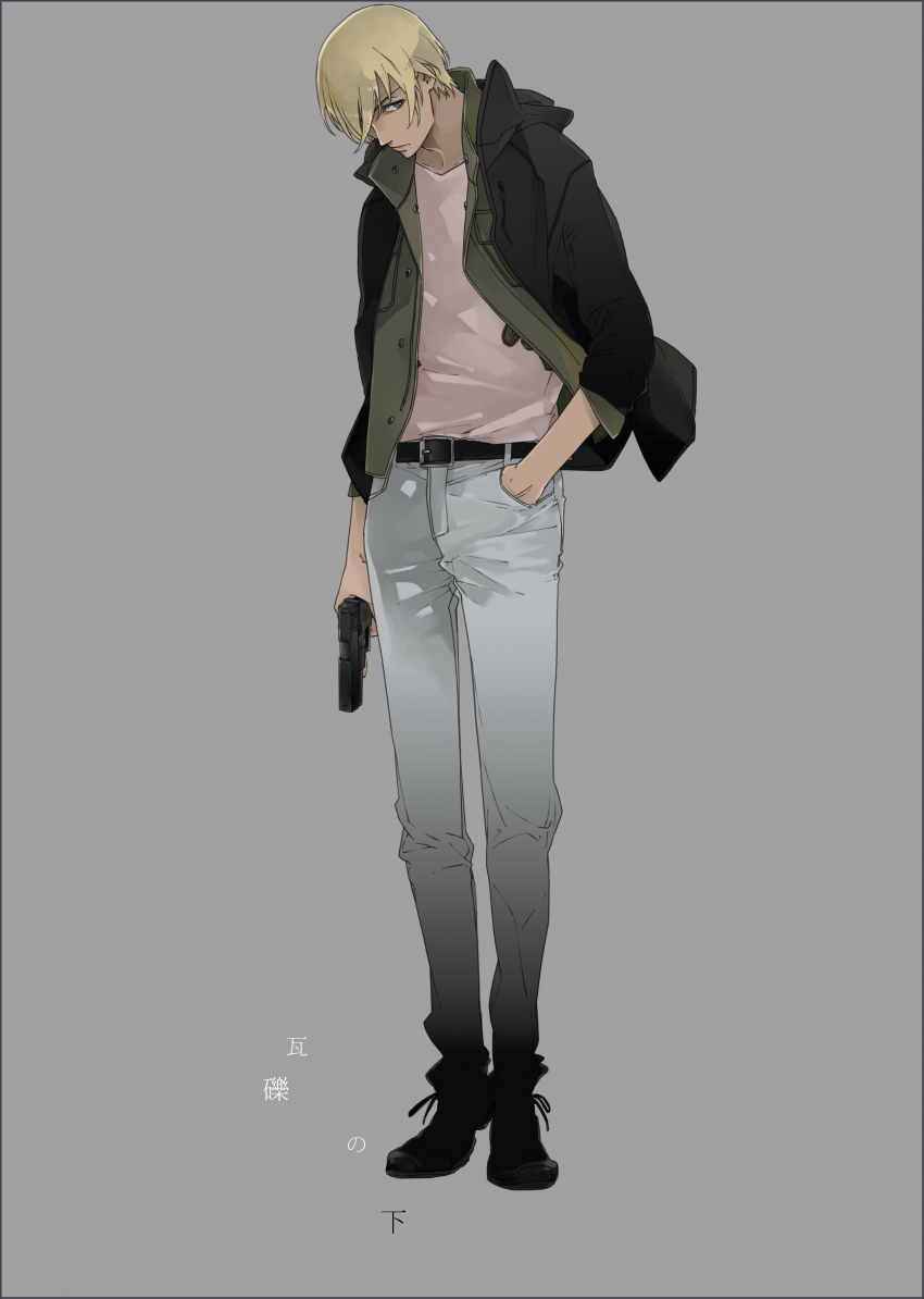 1boy, absurdres, amuro_tooru, belt, black_hoodie, blonde_hair, buttons, casual