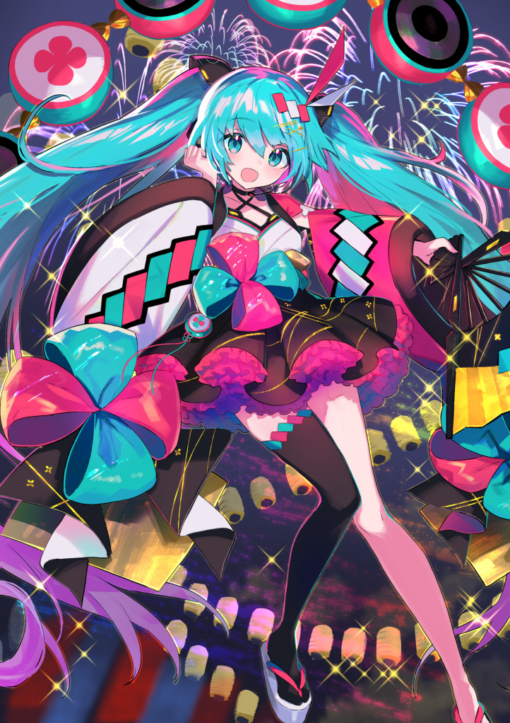 1girl, aqua_eyes, aqua_hair, asymmetrical_legwear, asymmetrical_sleeves, black_thighhighs, blunt_bangs, bow