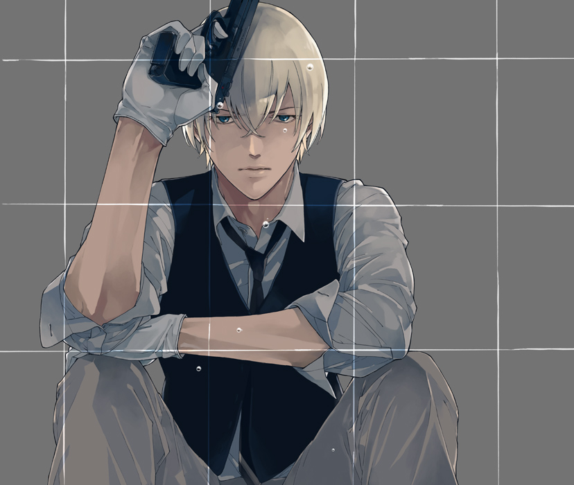 1boy, amuro_tooru, arm_up, black_necktie, black_vest, blonde_hair, closed_mouth, collared_shirt