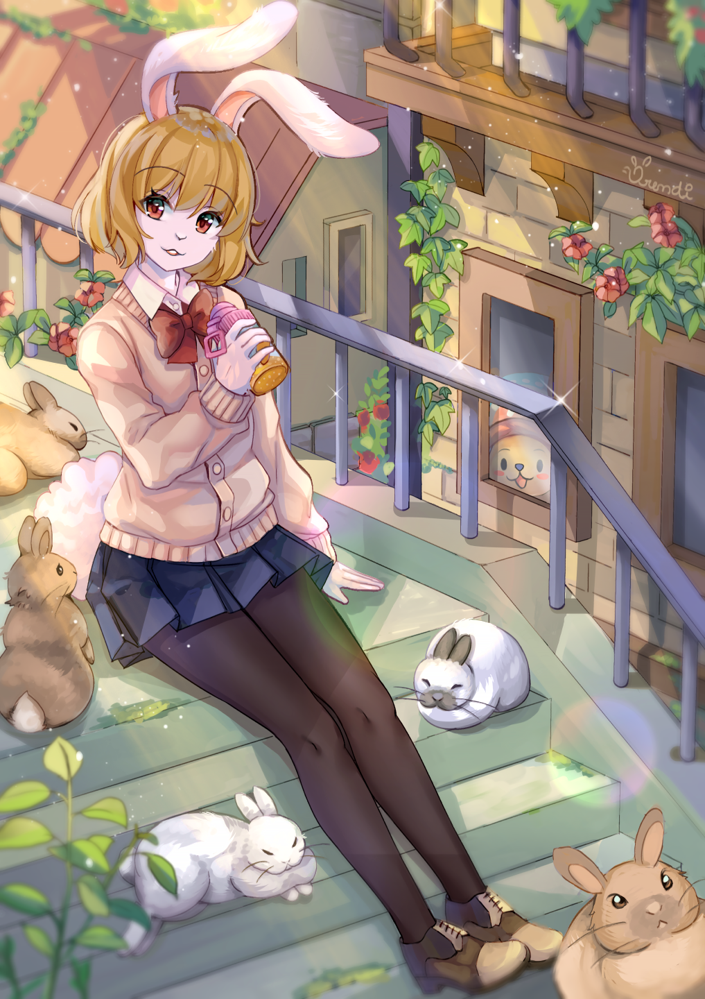 1girl, :3, animal_ears, black_pantyhose, blonde_hair, blue_skirt, blurry, bokeh, bottle, brown_footwear, building, cardigan, carrot_(one_piece), commentary, commission, day, depth_of_field, english_commentary, flower, furry, furry_female, glint, head_tilt, highres, holding, holding_bottle, light_particles, looking_at_viewer, miniskirt, one_piece, orendi_laran, outdoors, outstretched_legs, pantyhose, parted_lips, pink_cardigan, pleated_skirt, rabbit, rabbit_ears, rabbit_girl, rabbit_tail, red_eyes, red_flower, short_hair, sitting, skirt, solo, stairs, tail