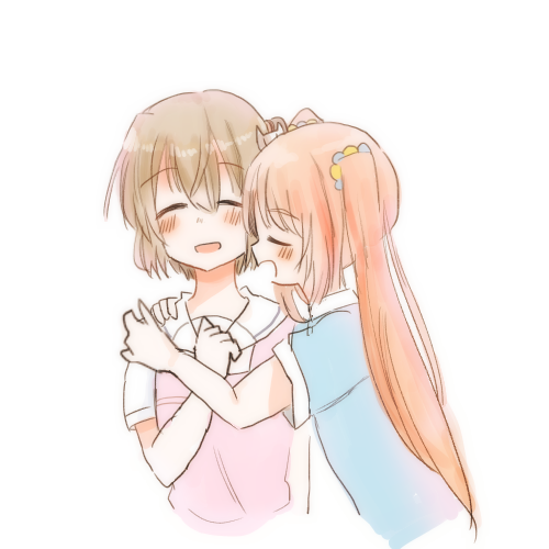 2girls, asada_ami, closed_eyes, hakuisei_aijou_isonshou, hakuisei_ren'ai_shoukougun, hug, kiss, lowres, multiple_girls, orange_hair, sawai_kaori, shirt, white_background, yuri