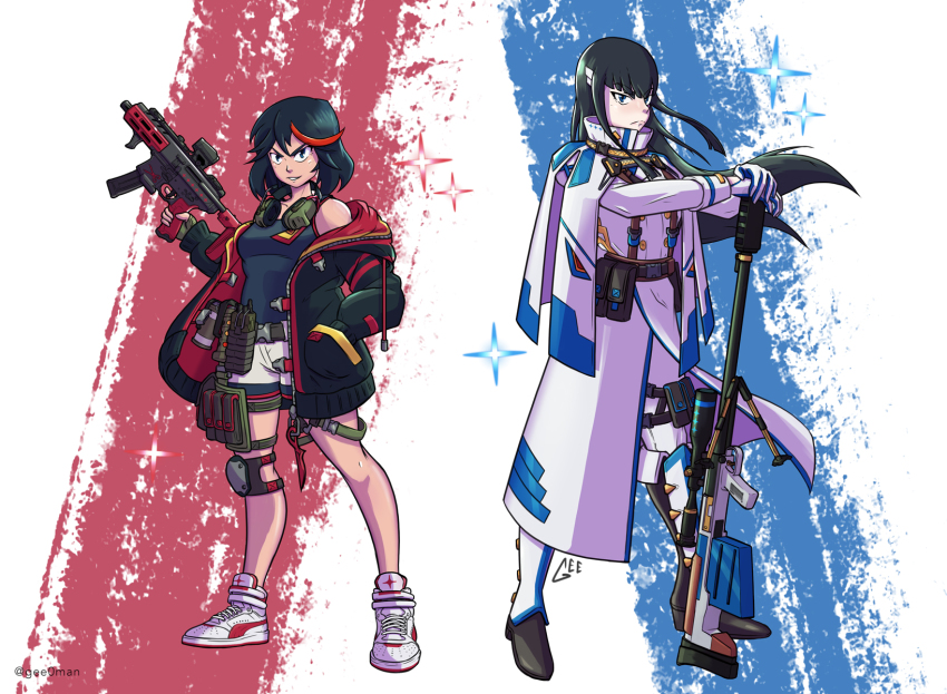 2girls, adapted_costume, black_hair, black_jacket, blue_eyes, blunt_bangs, breasts, capelet, commentary, commission, english_commentary, frown, gun, hand_in_pocket, highres, holding, holding_gun, holding_weapon, jacket, junketsu, kill_la_kill, kiryuuin_satsuki, long_hair, looking_ahead, looking_at_viewer, matoi_ryuuko, multicolored_hair, multiple_girls, off-shoulder_jacket, off_shoulder, parted_lips, peyton_gee, puma_(brand), red_hair, rifle, senketsu, shoes, short_hair, siblings, sisters, small_breasts, sneakers, sniper_rifle, streaked_hair, submachine_gun, weapon, white_capelet