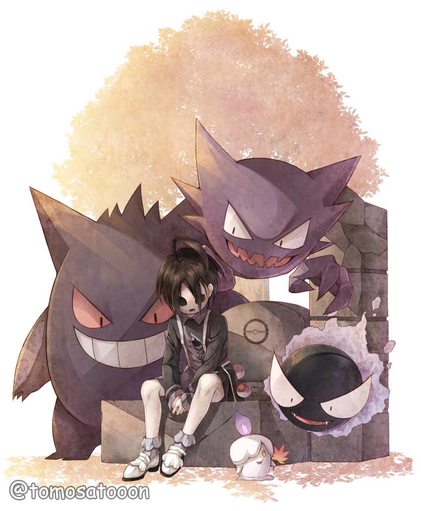1boy, ahoge, allister_(pokemon), autumn_leaves, black_hair, collared_shirt, commentary_request, gastly