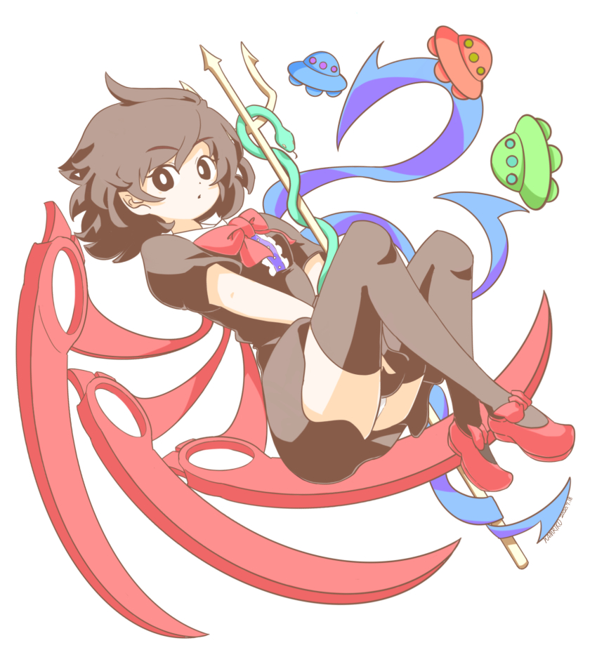 1girl, :o, artist_name, asymmetrical_wings, between_legs, black_dress, black_eyes, black_hair