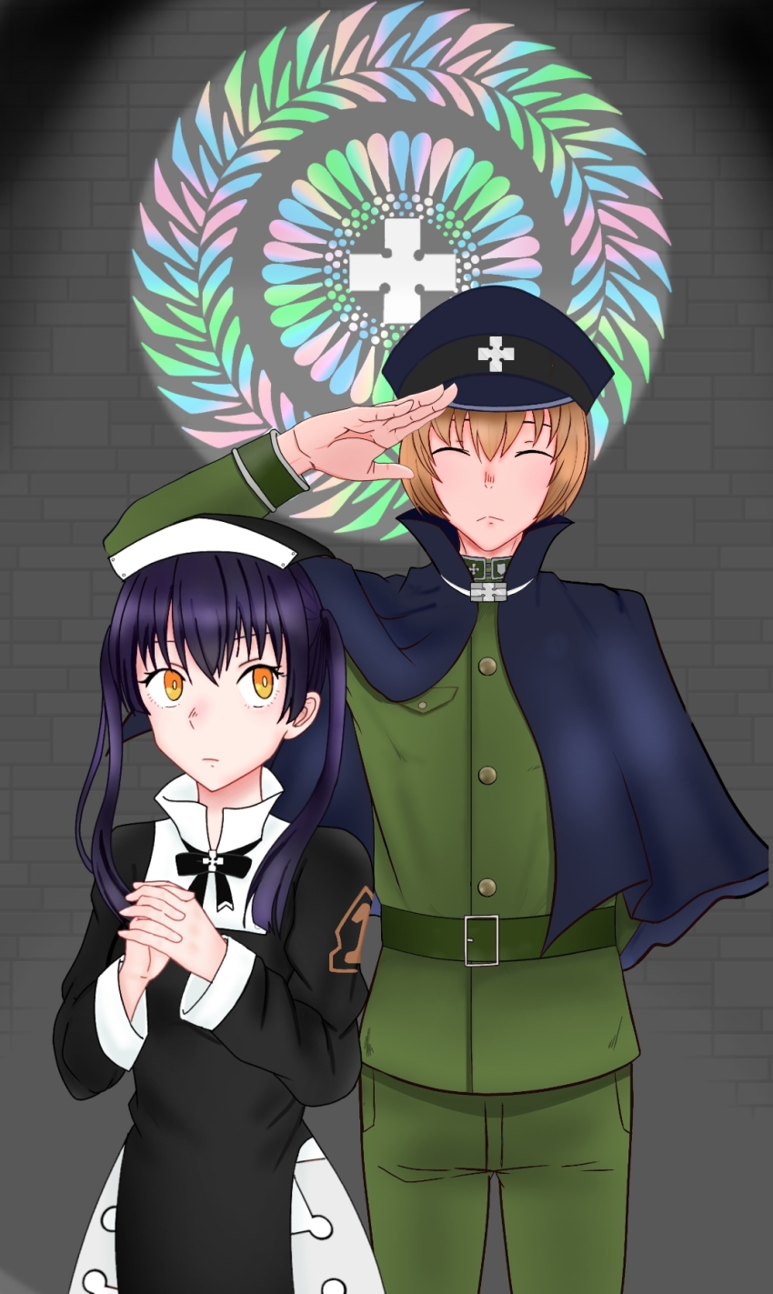 1boy, 1girl, brown_hair, cape, closed_eyes, en'en_no_shouboutai, expressionless, firefighter