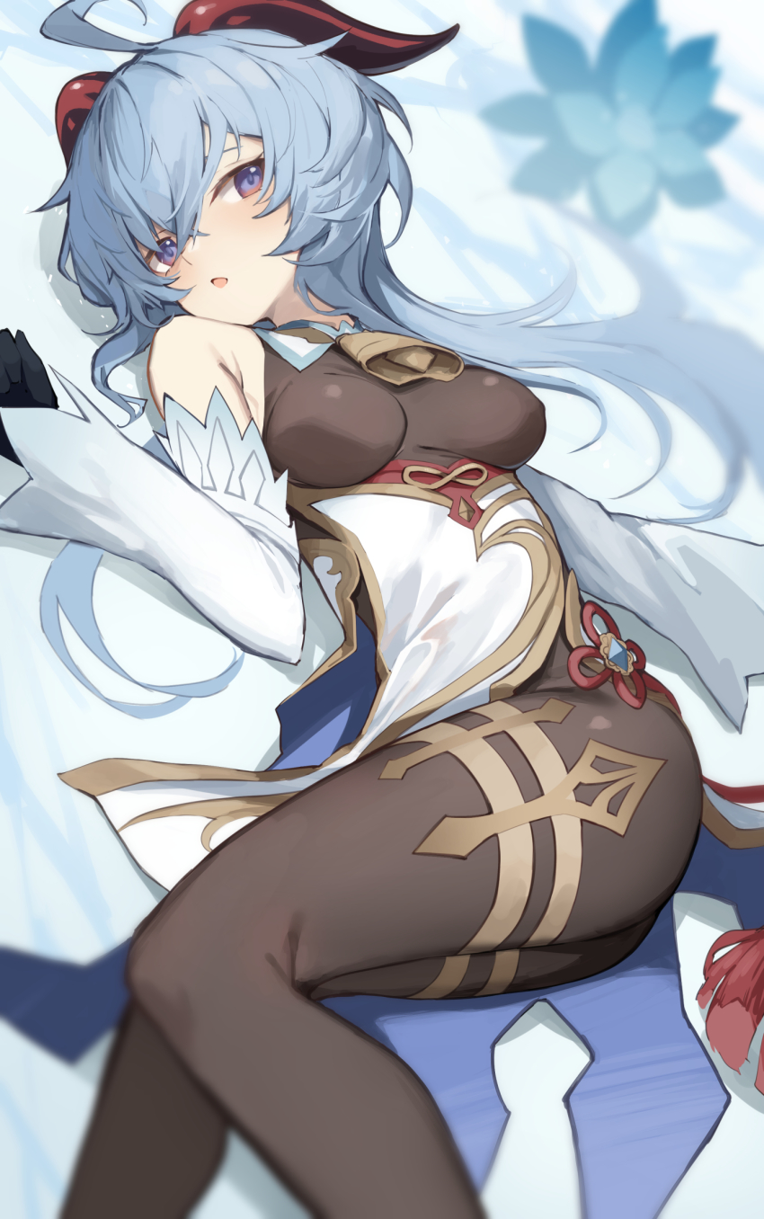 1girl, ahoge, amagasa_yun, bare_shoulders, bell, black_gloves, black_pantyhose, blue_eyes, blue_hair, blurry, bodystocking, breasts, chinese_knot, cowbell, depth_of_field, detached_sleeves, ganyu_(genshin_impact), genshin_impact, gloves, goat_horns, gold_trim, hand_up, highres, horns, jewelry, long_hair, long_sleeves, looking_at_viewer, lying, medium_breasts, neck_bell, on_back, pantyhose, parted_lips, pelvic_curtain, solo, thighlet, thighs, waist_cape, white_background