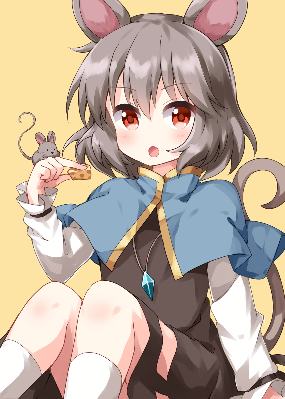 1girl, animal_ears, blue_capelet, capelet, cheese, dress, food, grey_dress