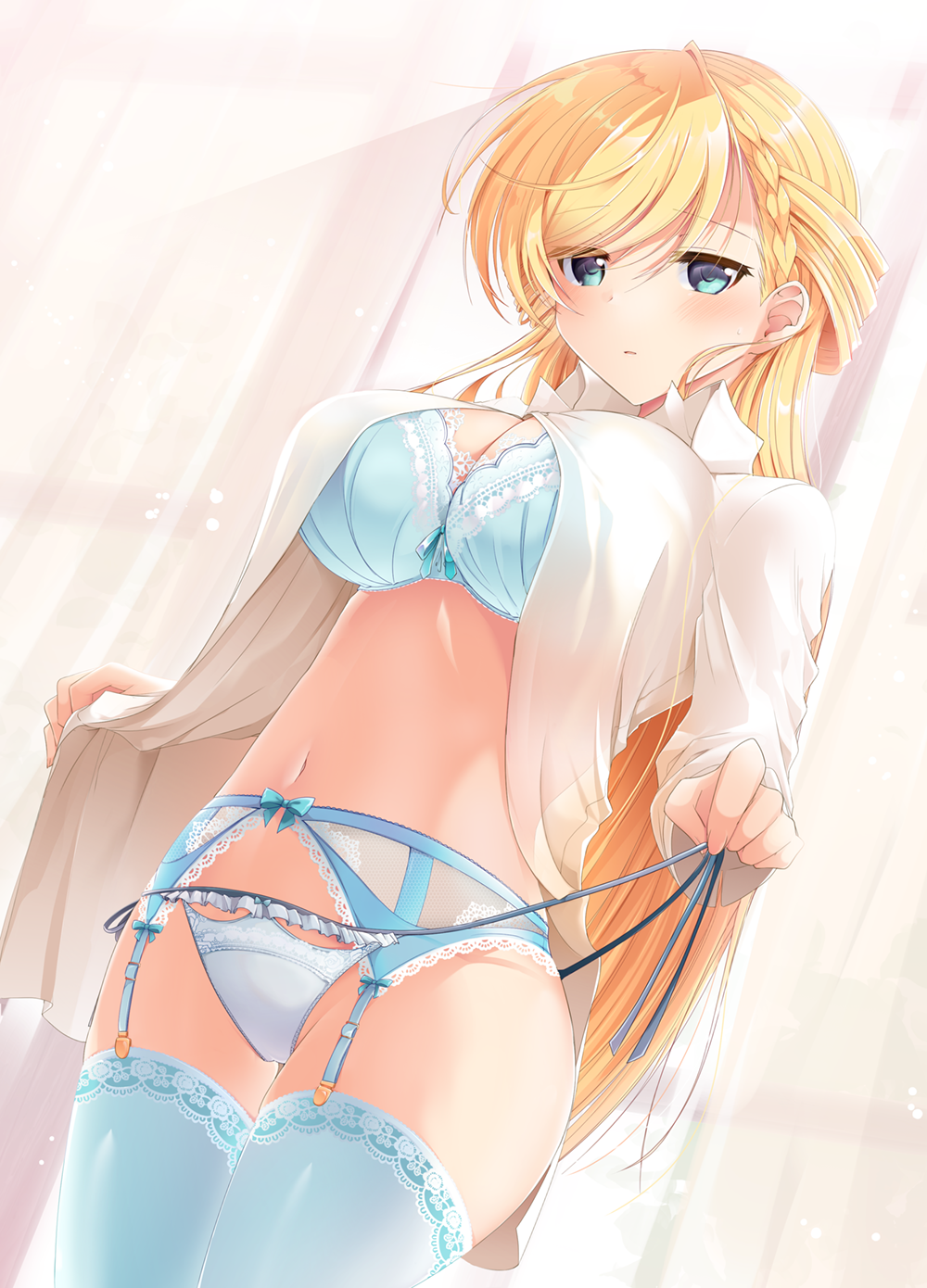 1girl, aqua_eyes, araragi_ayune, backlighting, blonde_hair, blue_bra, blush, bow, bow_bra, bra, braid, breasts, cowboy_shot, curtains, dress_shirt, dutch_angle, frilled_panties, frills, garter_belt, highres, indoors, lace, lace-trimmed_bra, lace-trimmed_legwear, lace_trim, light_particles, lingerie, long_hair, looking_at_viewer, medium_breasts, navel, open_clothes, open_shirt, original, panties, panties_over_garter_belt, parted_lips, rinna_milford, see-through_clothes, shirt, side-tie_panties, solo, standing, string_panties, sunlight, swept_bangs, thighhighs, underwear, untied_panties, untying, white_panties, white_shirt, window