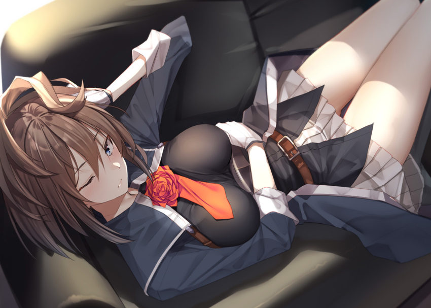 1girl, ascot, belt, black_socks, brown_belt, brown_hair, buttons, couch