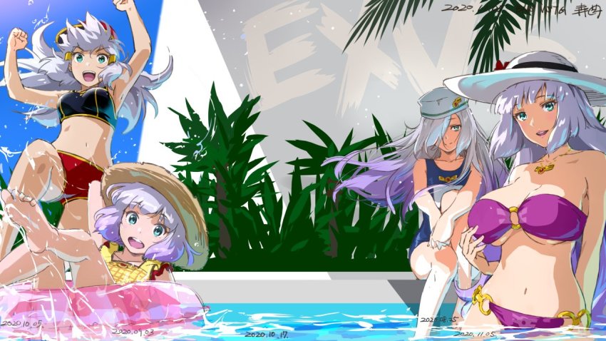 4girls, aqua_eyes, bikini, blunt_bangs, breasts, dated, flat_chest, floating_hair