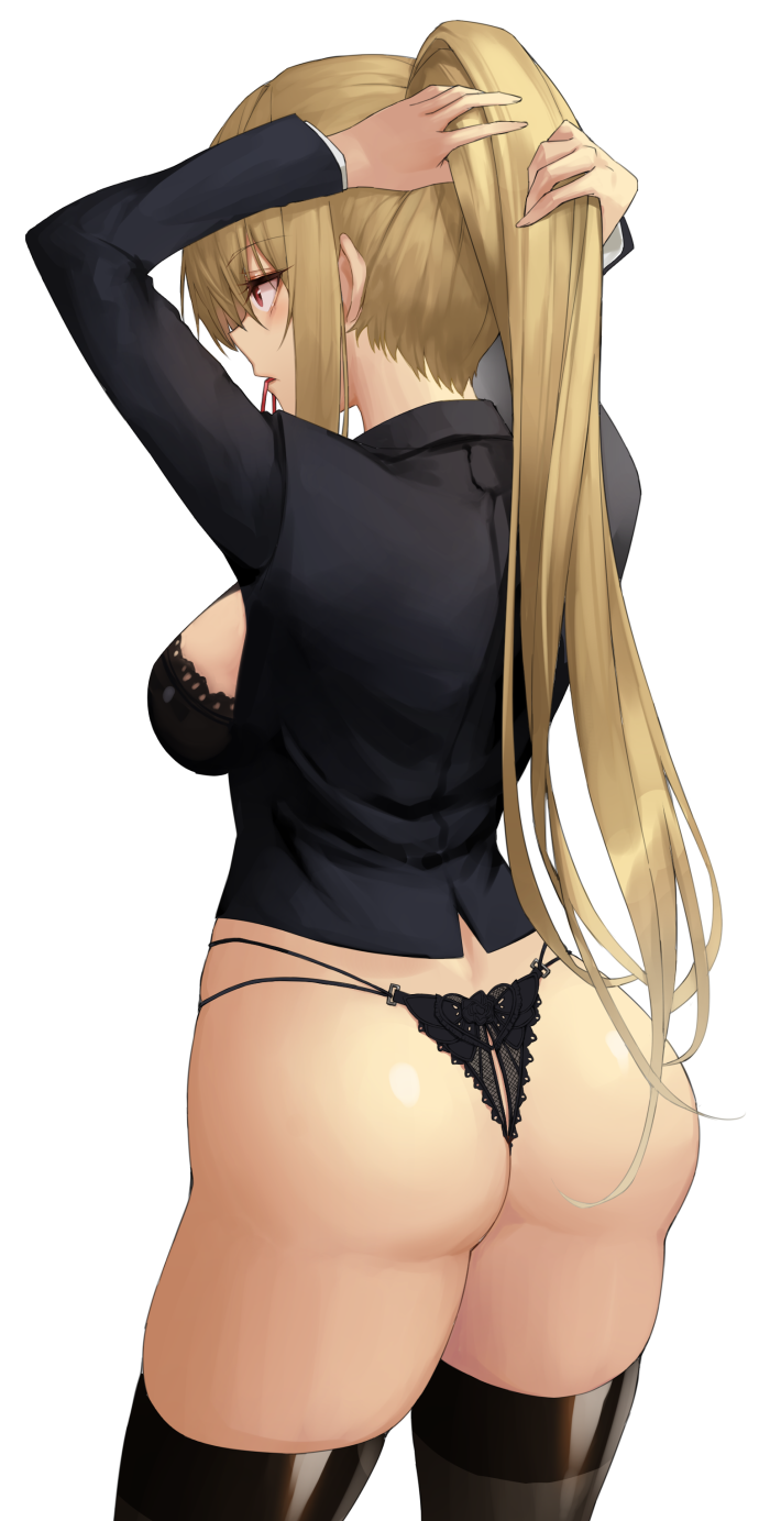 1girl, arms_up, ass, black_bra, black_jacket, black_panties, black_thighhighs, blonde_hair, bra, breasts, character_request, commission, dungeon_and_fighter, duplicate, epomeno, hair_tie, highres, jacket, large_breasts, long_hair, long_sleeves, mouth_hold, open_clothes, open_jacket, panties, ponytail, red_eyes, sideboob, sidelocks, solo, thighhighs, thighs, tying_hair, underwear