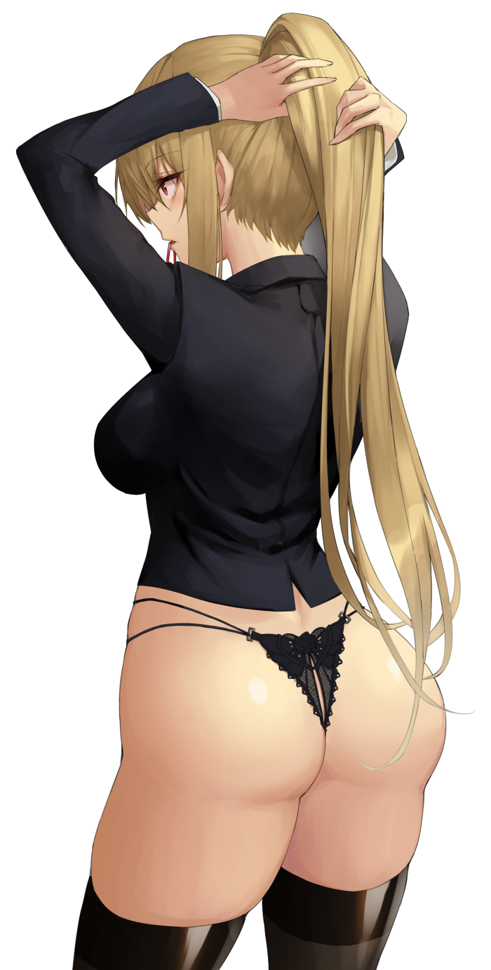 1girl, arms_up, ass, black_jacket, black_panties, black_thighhighs, blonde_hair, breasts
