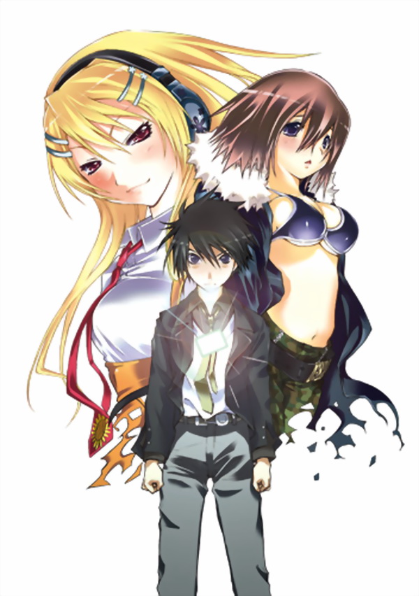 1boy, 2girls, belt, bikini, bikini_top_only, black_hair, blonde_hair, blue_eyes