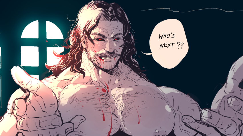 1boy, bara, beard, black_hair, black_sclera, blood, blood_from_mouth, blood_on_face