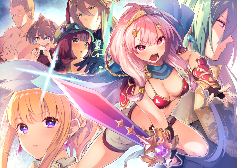 2boys, 4girls, angry, animal_ears, armor, atlus, bikini, bikini_armor, blonde_hair, blue_eyes, breasts, brown_hair, calm_mashiro, cestus_(sekaiju), cestus_2_(sekaiju), cestus_3_(sekaiju), character_request, cosplay, etrian_odyssey, fingerless_gloves, food, gloves, green_eyes, hair_between_eyes, hero_(sekaiju), hero_2_(sekaiju), holding, holding_sword, holding_weapon, hound_(sekaiju), hound_2_(sekaiju), looking_at_viewer, multiple_boys, multiple_girls, onigiri, open_mouth, orange_eyes, pink_eyes, pink_hair, princess_(sekaiju), purple_eyes, rabbit_ears, ranger_(sekaiju), ranger_(sekaiju)_(cosplay), red_bikini, scar, scar_on_face, sega, sekaiju_no_meikyuu, sekaiju_no_meikyuu_x, short_hair_with_long_locks, shouting, small_breasts, sovereign_(sekaiju), sovereign_2_(sekaiju), sovereign_3_(sekaiju), swimsuit, sword, topless_male, warlock_(sekaiju), warlock_3_(sekaiju), weapon