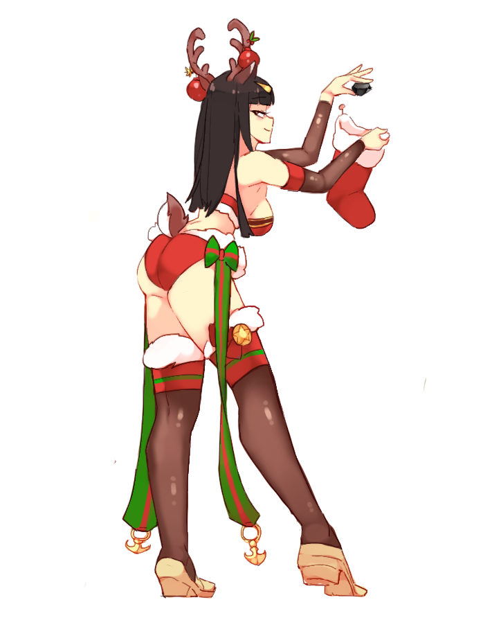 1girl, alternate_costume, antlers, ass, bare_shoulders, black_hair, black_thighhighs, blunt_bangs