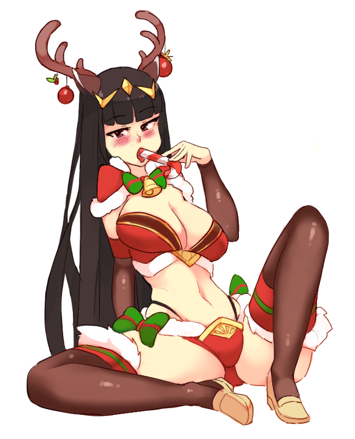 1girl, alternate_costume, antlers, bell, black_hair, black_thighhighs, blunt_bangs, blush