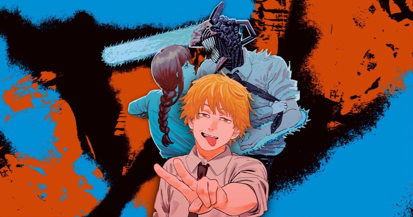 1boy, 1girl, alternate_form, blonde_hair, body_modification, braid, brown_hair, chainsaw, chainsaw_man, cleaned, collared_shirt, denji_(chainsaw_man), fujimoto_tatsuki, highres, long_hair, makima_(chainsaw_man), necktie, official_art, open_mouth, ponytail, shirt, short_hair, smile, spray_paint, teeth, tongue, tongue_out, unusual_head, v, white_shirt, yellow_eyes