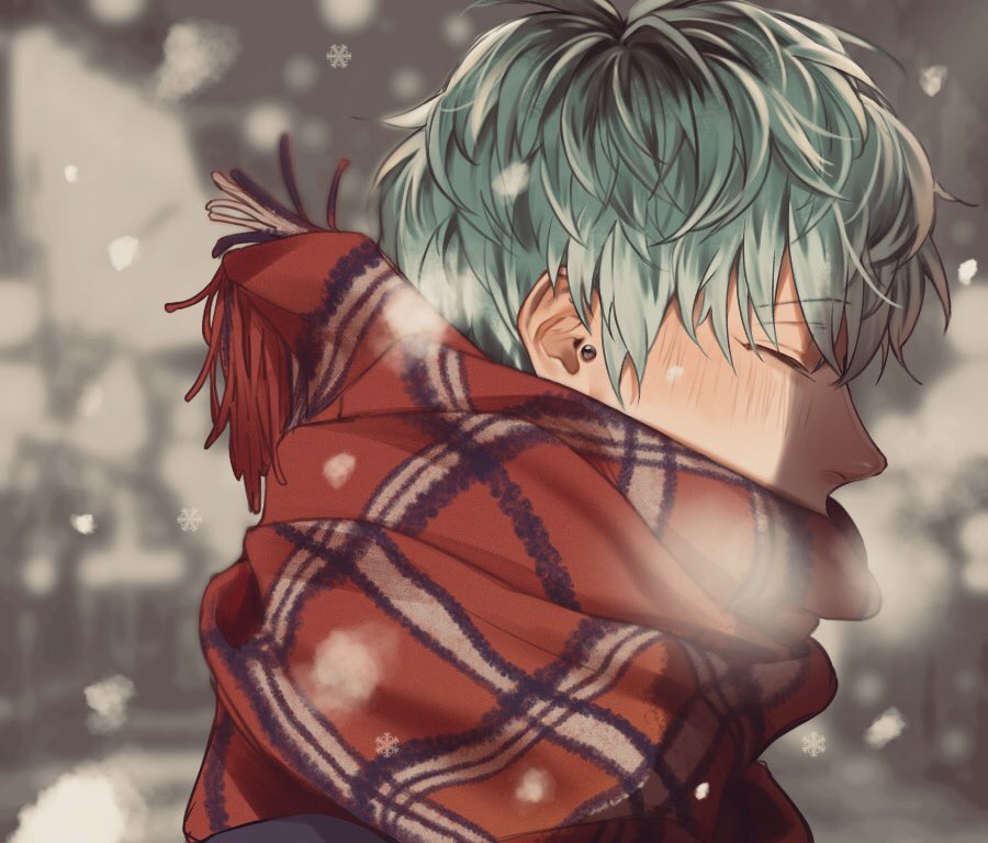 1boy, aqua_hair, black_hair, blurry, blush, breath, closed_eyes, closed_mouth, covered_mouth, depth_of_field, ear_piercing, eyelashes, gradient_hair, green_hair, hypnosis_mic, jewelry, kamachiri, male_focus, messy_hair, multicolored_hair, nose_blush, nurude_sasara, outdoors, piercing, portrait, profile, ribbon, scarf, snowflakes, snowing, upper_body