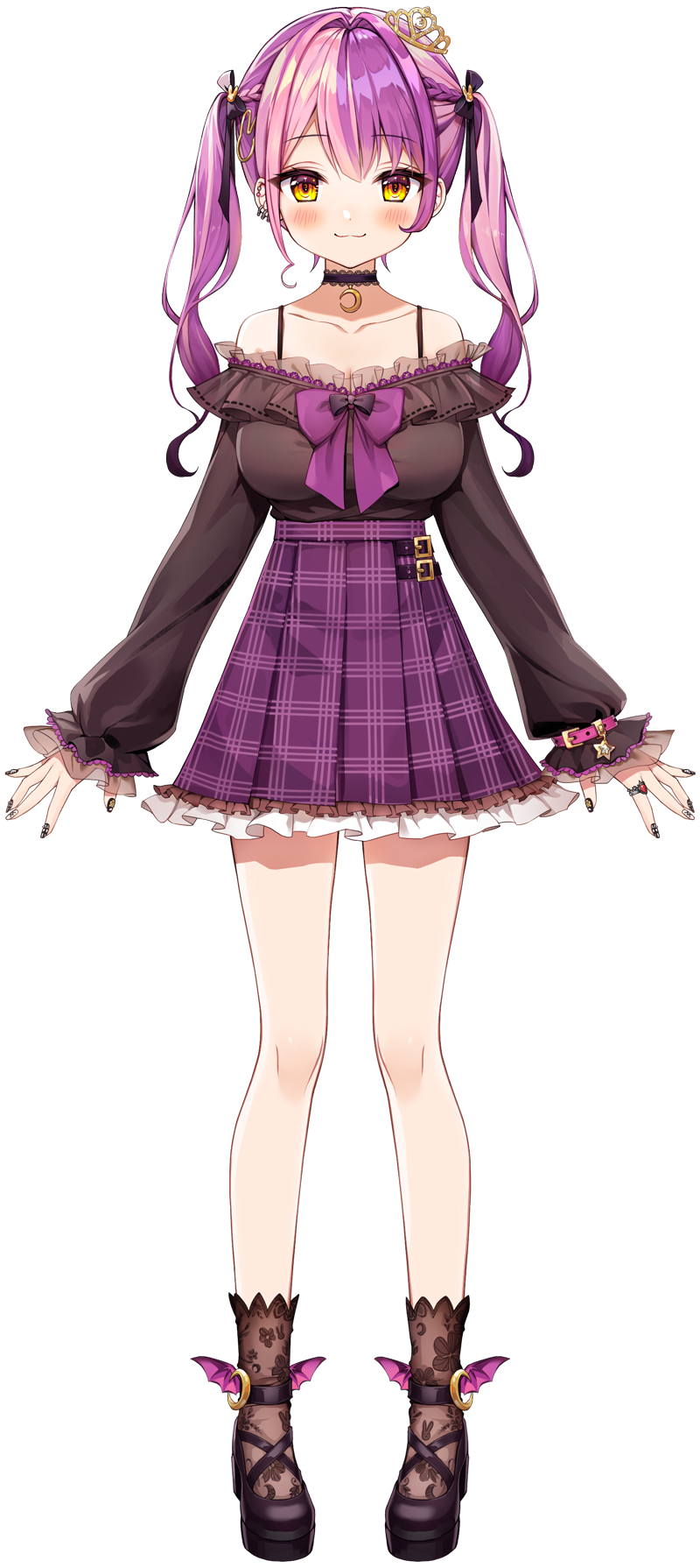 1girl, :3, ?, arms_at_sides, bare_legs, bare_shoulders, bat_wings, belt_buckle