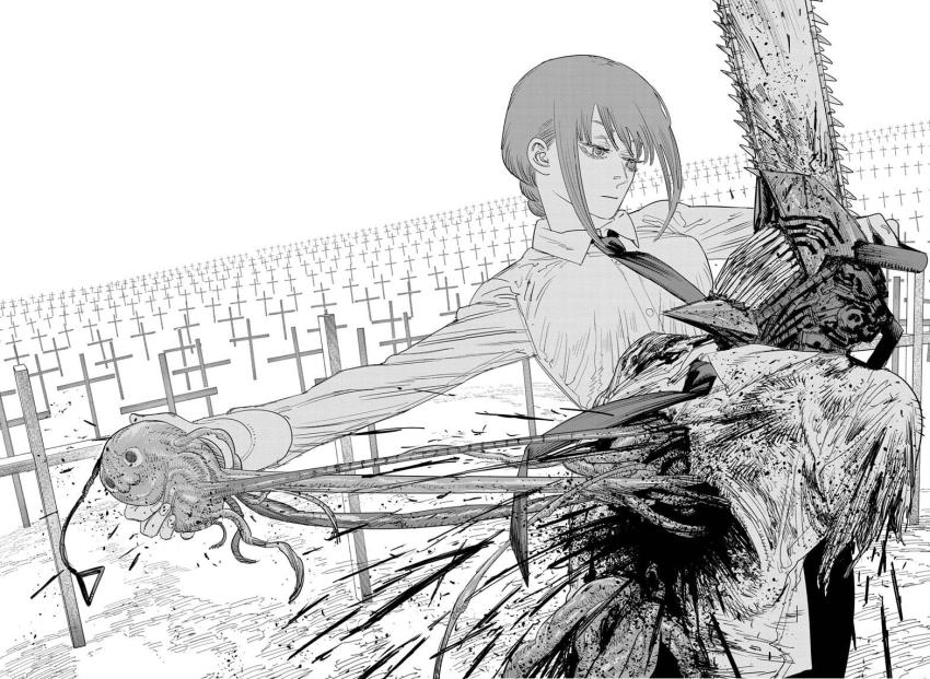 1boy, 1girl, blank_stare, bleeding, blood, blood_splatter, body_modification, braid, chainsaw_man, collared_shirt, cross, denji_(chainsaw_man), dismemberment, fujimoto_tatsuki, grass, graveyard, guro, guts, long_hair, makima_(chainsaw_man), monochrome, necktie, official_art, organs, ponytail, ripping_heart_out, shirt, spoilers, tombstone, unusual_head, unusual_pupils