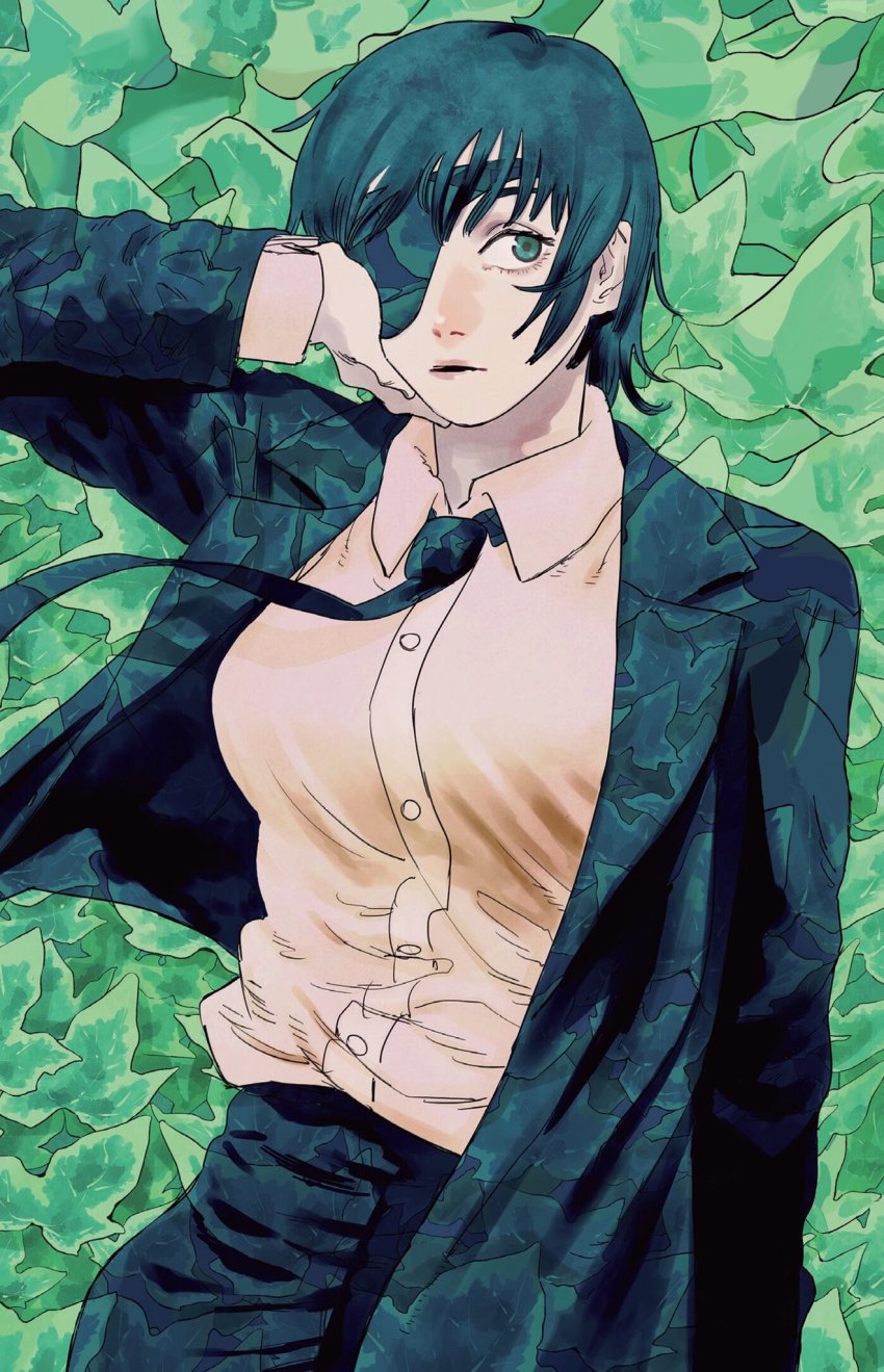 1girl, black_hair, black_jacket, black_pants, breasts, buttons, chainsaw_man, cleaned