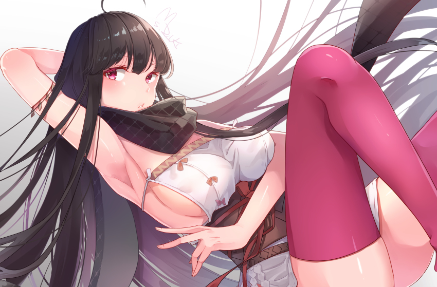 1girl, absurdres, ahoge, arm_behind_head, arm_up, armpits, bare_shoulders, black_hair