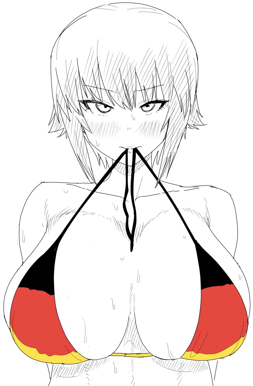 1girl, absurdres, bikini, bikini_in_mouth, blush, breasts, clothes_in_mouth, collarbone