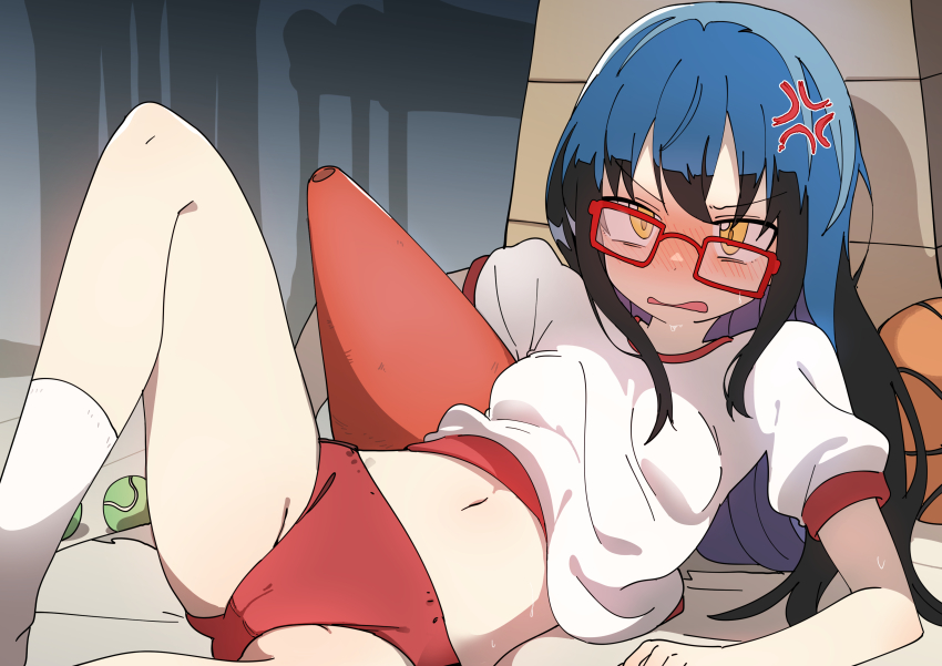 1girl, absurdres, anger_vein, ball, basketball, basketball_(object), blue_hair, blush, bural_chingu, buruma, dark_blue_hair, glasses, gym_storeroom, gym_uniform, hair_between_eyes, highres, ju_hyeon-mi, luke_(dydansgur), midriff, navel, open_mouth, red-framed_eyewear, red_buruma, socks, solo, tennis_ball, thighs, traffic_cone, vaulting_horse, white_socks, yellow_eyes