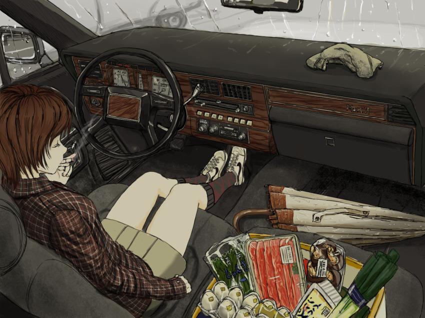 1girl, brown_hair, butter, car, car_interior, casual, cigarette, closed_eyes