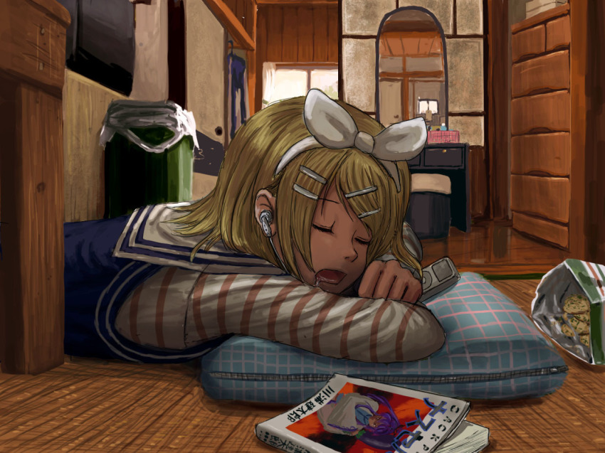 1girl, berserk, blonde_hair, book, cameo, creator_connection, mp3_player, drooling