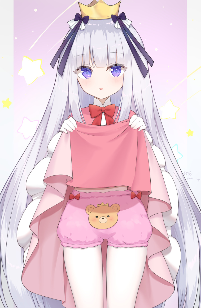1girl, absurdres, animal_print, aurora_sya_lis_kaymin, bear_print, black_bow, bow, clothes_lift, commentary_request, crown, dress, dress_lift, hair_bow, highres, kagami_(kgmgts), lifting_own_clothes, long_hair, looking_at_viewer, maou-jou_de_oyasumi, mini_crown, parted_lips, pink_dress, purple_eyes, red_bow, silver_hair, smile, solo, standing, star_(symbol), star_in_eye, symbol_in_eye, teddy_demon, underwear, very_long_hair