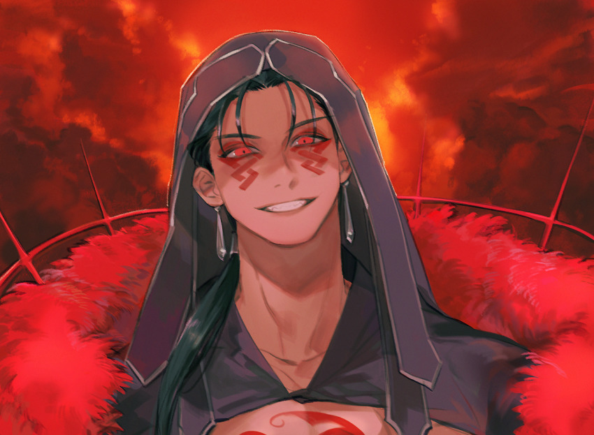 1boy, black_hair, bodypaint, cu_chulainn_(fate), cu_chulainn_alter_(fate), cu_chulainn_alter_(fate/grand_order), cu_chulainn_alter_(third_ascension)_(fate), dark_persona, earrings, facepaint, fate/grand_order, fate_(series), fur, hood, hood_up, jewelry, long_hair, looking_at_viewer, male_focus, pearl8, ponytail, red_eyes, sharp_teeth, smile, solo, spikes, teeth, type-moon
