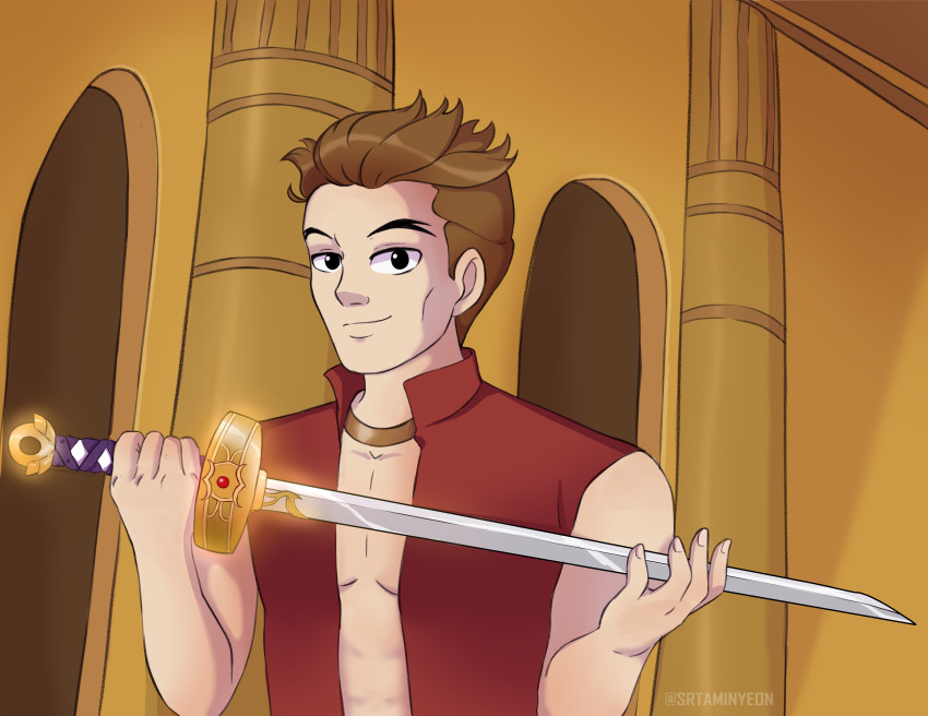 1boy, absurdres, black_eyes, brown_hair, closed_mouth, collared_shirt, column, fire_emblem, glass_(fire_emblem), highres, holding, holding_weapon, indoors, jacket, looking_at_viewer, male_focus, mani_katti_(fire_emblem), nintendo, open_clothes, open_jacket, pillar, shirt, short_hair, sleeveless, smile, solo, source_request, srtaminyeon, upper_body, weapon