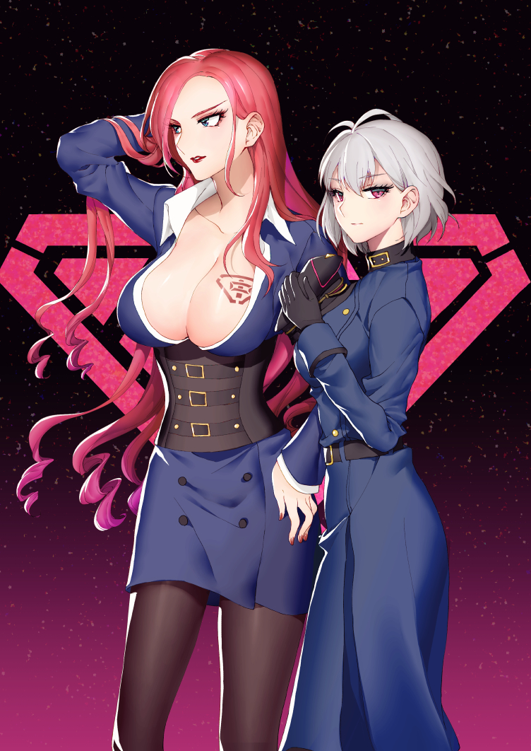 2girls, aohitsugi_nemu, arm_up, belt, black_gloves, breast_tattoo, breasts, cleavage