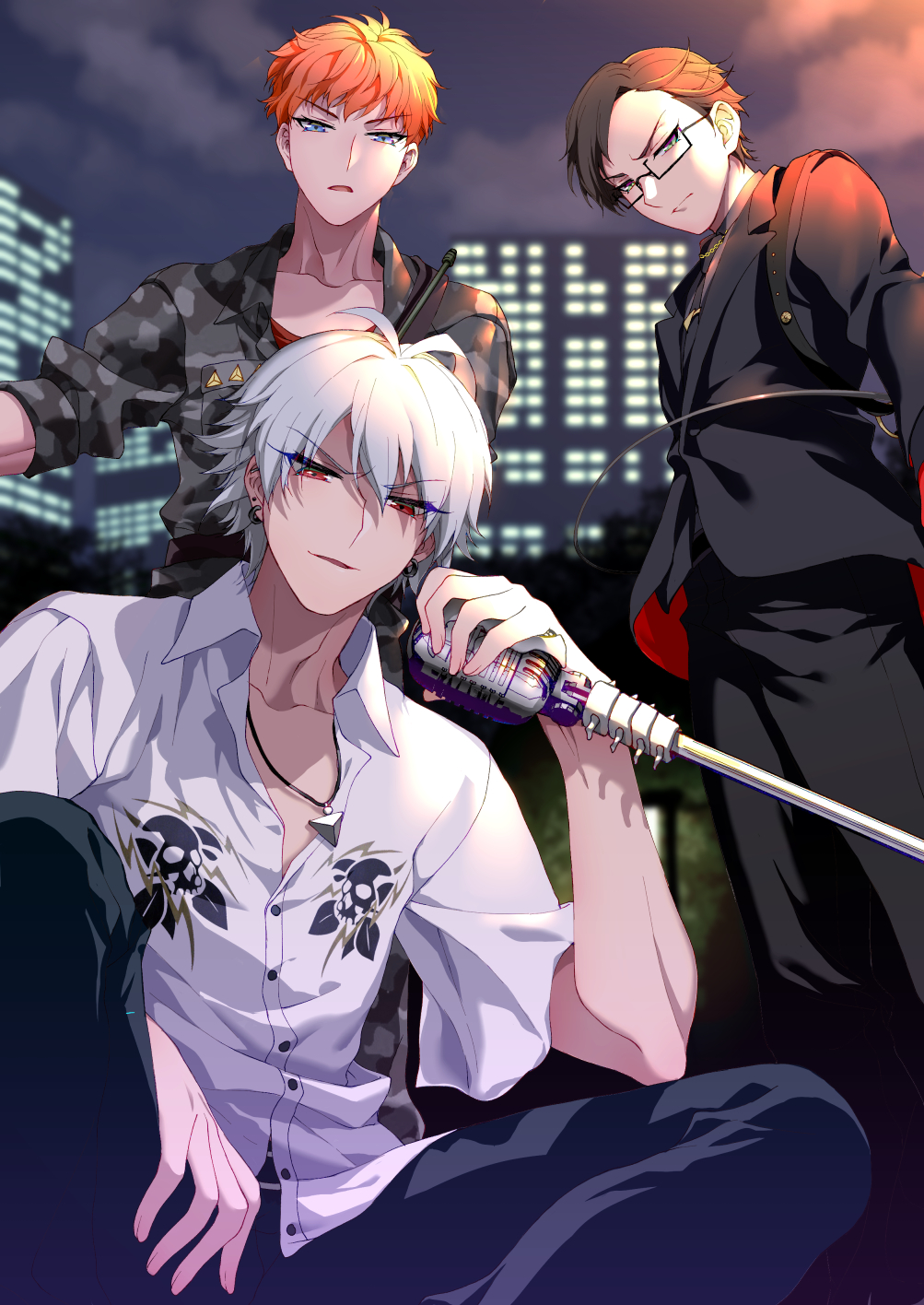 3boys, aohitsugi_samatoki, black_pants, brown_hair, building, busujima_mason_rio, ear_piercing, formal_clothes