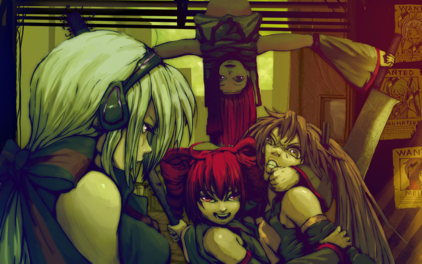 4girls, :p, ahoge, akita_neru, artist_collaboration, baseball_bat, blonde_hair, cameo